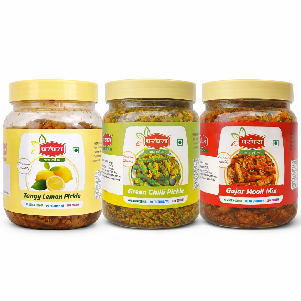 Parmapara Kerala authentic pickle combo 3× 1 kg each chilli pickle, Gajar mooli mix, lemon pickle